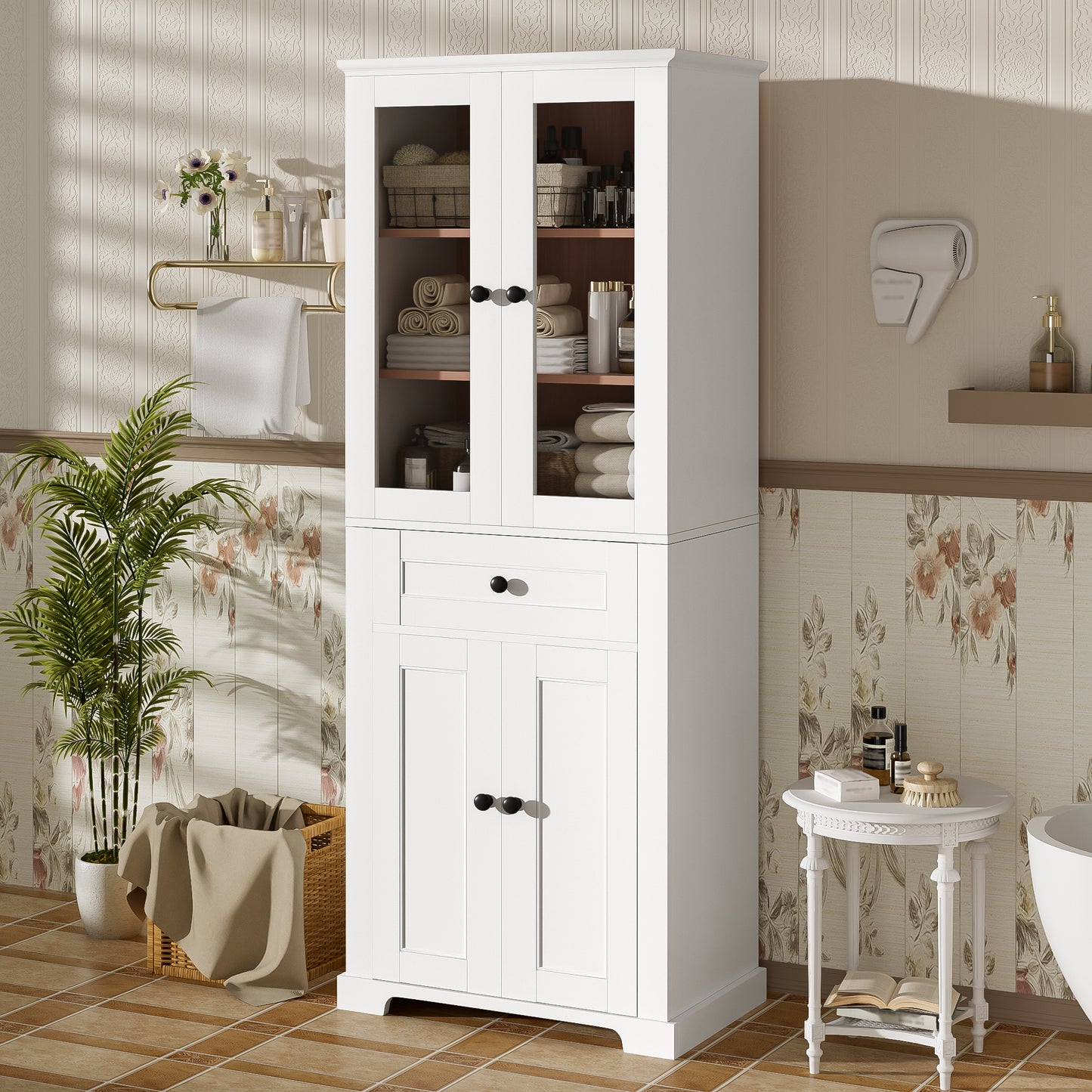 67.2" Tall Bathroom Storage Cabinet with Tempered Glass Doors, Adjustable Shelves & Drawer – Modern Freestanding Linen Tower, Soft-Close Design