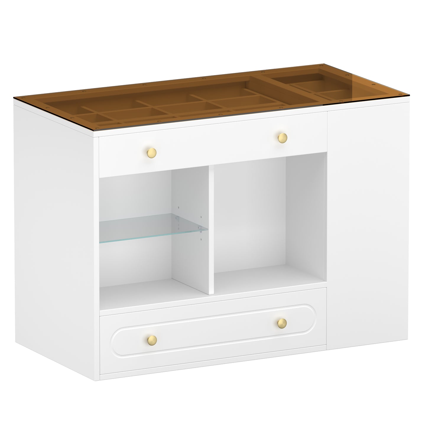 Closet Island with 6 Drawers, Wardrobe Armoire Bedroom Island with Glass Display Top and Open Shelves, Jewelry Storage Vanity Island with compartments, Walk-in Closet Island for Cloakroom, White