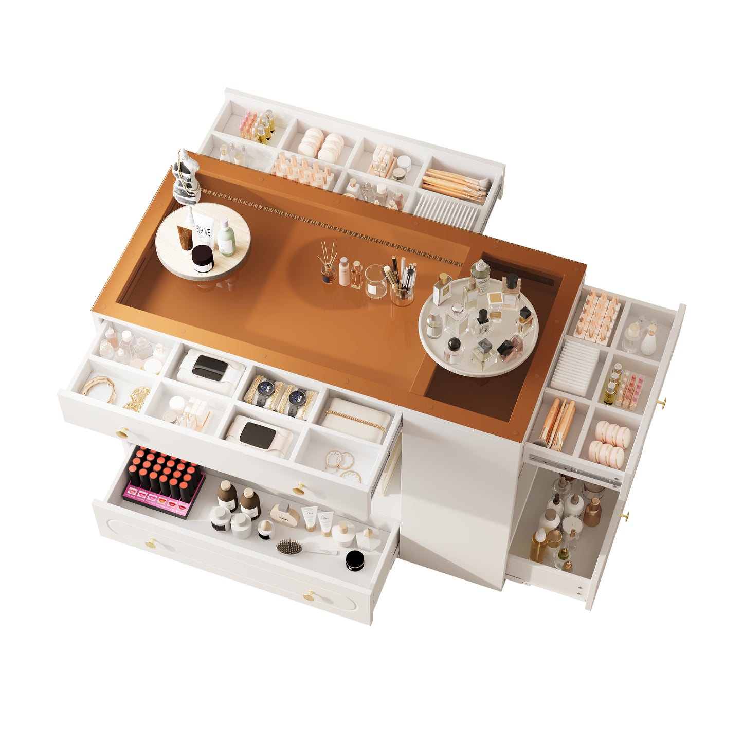 Closet Island with 6 Drawers, Wardrobe Armoire Bedroom Island with Glass Display Top and Open Shelves, Jewelry Storage Vanity Island with compartments, Walk-in Closet Island for Cloakroom, White