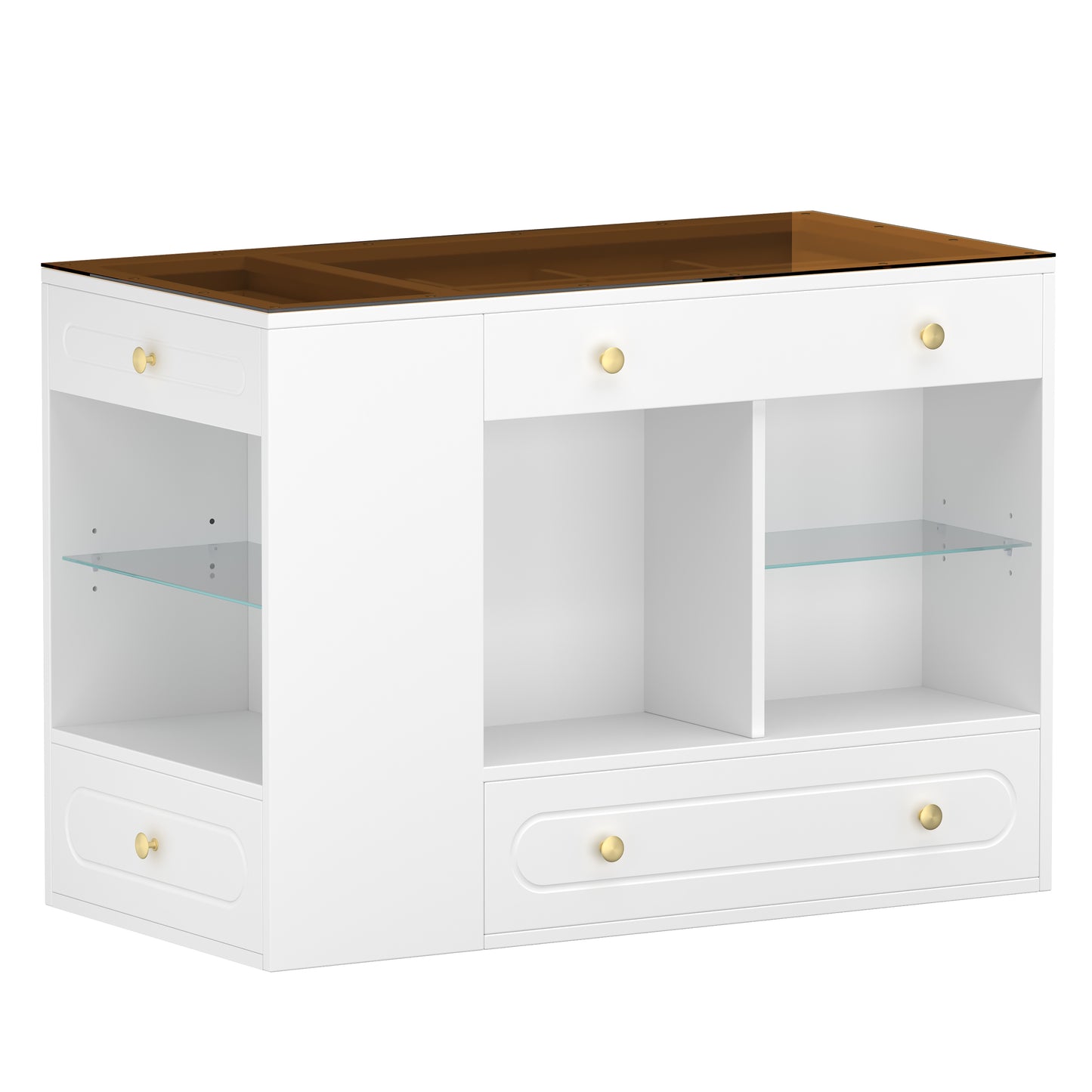 Closet Island with 6 Drawers, Wardrobe Armoire Bedroom Island with Glass Display Top and Open Shelves, Jewelry Storage Vanity Island with compartments, Walk-in Closet Island for Cloakroom, White
