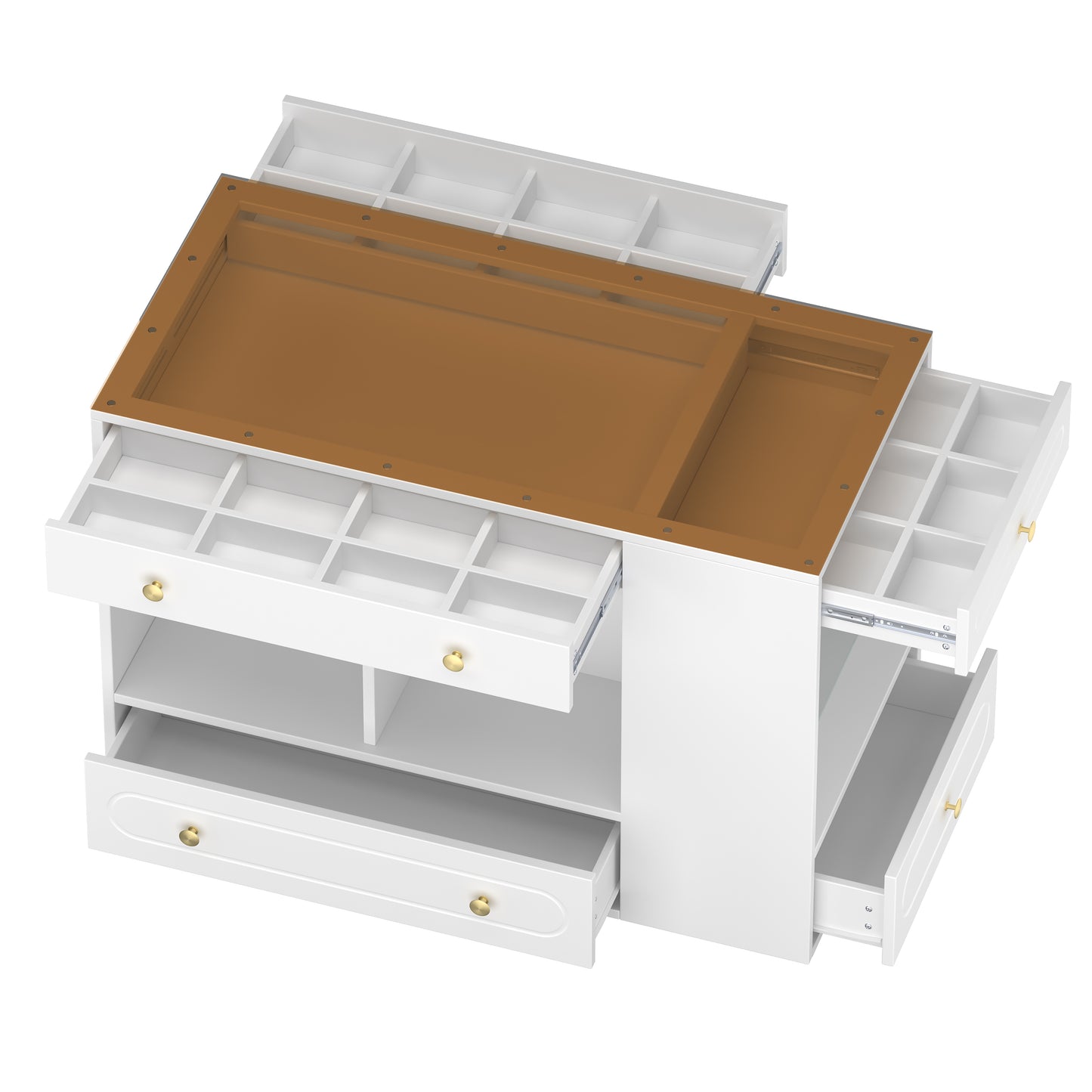 Closet Island with 6 Drawers, Wardrobe Armoire Bedroom Island with Glass Display Top and Open Shelves, Jewelry Storage Vanity Island with compartments, Walk-in Closet Island for Cloakroom, White