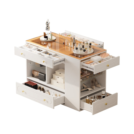 Closet Island with 6 Drawers, Wardrobe Armoire Bedroom Island with Glass Display Top and Open Shelves, Jewelry Storage Vanity Island with compartments, Walk-in Closet Island for Cloakroom, White