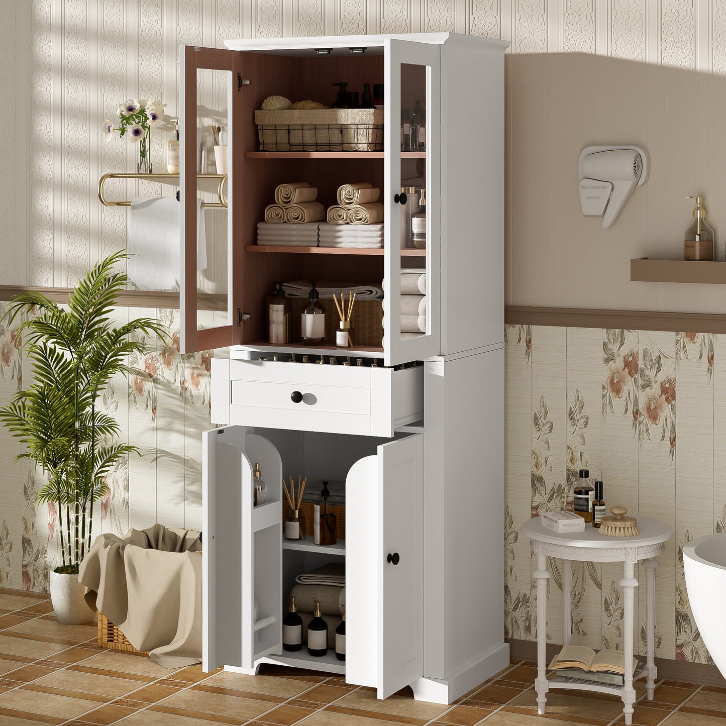 67.2" Tall Bathroom Storage Cabinet with Tempered Glass Doors, Adjustable Shelves & Drawer – Modern Freestanding Linen Tower, Soft-Close Design