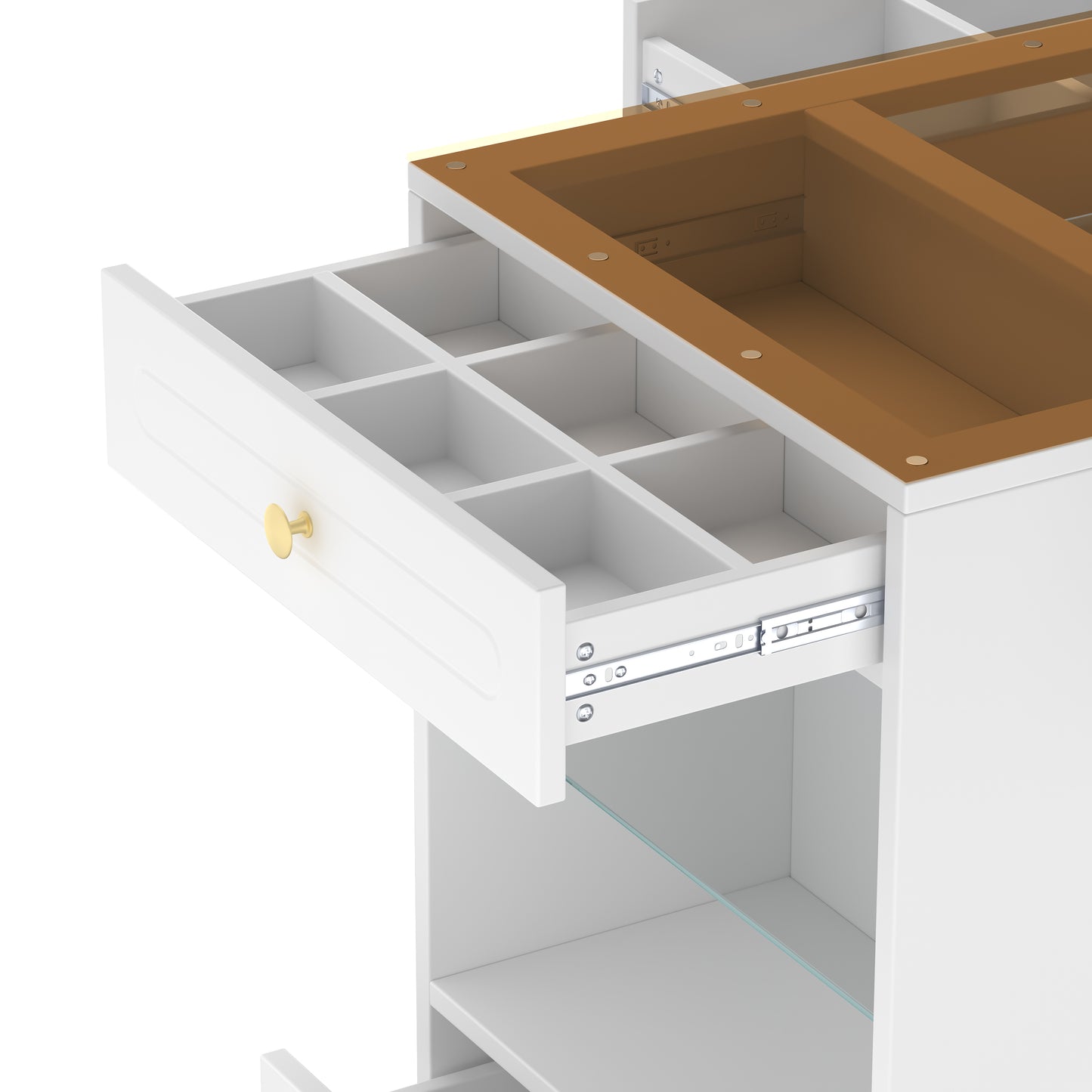 Closet Island with 6 Drawers, Wardrobe Armoire Bedroom Island with Glass Display Top and Open Shelves, Jewelry Storage Vanity Island with compartments, Walk-in Closet Island for Cloakroom, White
