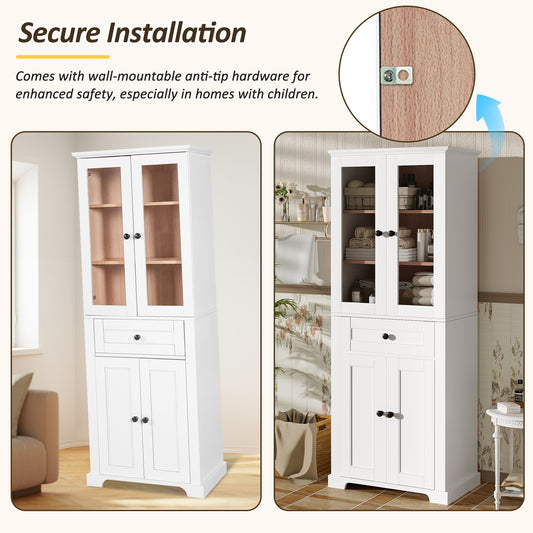 67.2" Tall Bathroom Storage Cabinet with Tempered Glass Doors, Adjustable Shelves & Drawer – Modern Freestanding Linen Tower, Soft-Close Design