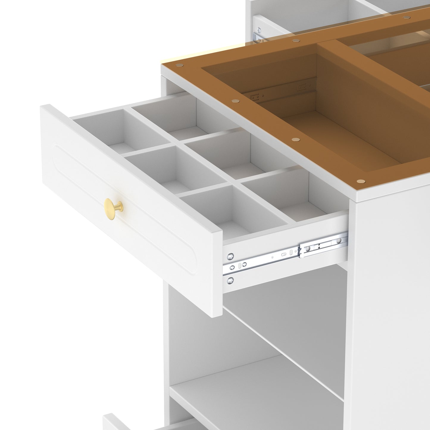 Closet Island with 6 Drawers, Wardrobe Armoire Bedroom Island with Glass Display Top and Open Shelves, Jewelry Storage Vanity Island with compartments, Walk-in Closet Island for Cloakroom, White